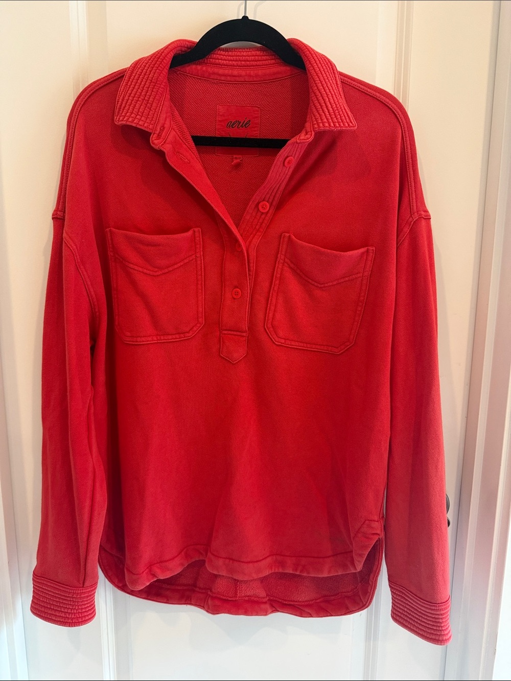 aerie Oversized Red V-Neck Pullover with Chest Pockets size XS
